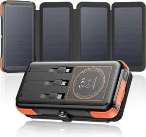 JAENFONG Wireless Solar Power Bank 25000mAh Solar Charger with Built-in 3 Cables Dual Outputs 4 Solar Panels & 3 LED Flashlights Portable Phone Charger for Outdoor Camping