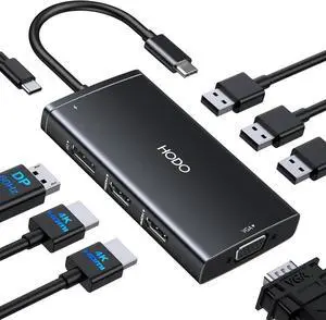 JAENFONG USB C Docking Station Dual Monitor Adapter for HP Laptop Docking Station 3 Monitors Quadruple Display USB C Hub Dongle to 4K HDMI+DisplayPort+VGA 3 USB2.0 100W PD 8 in 1 Thunderbolt Dock