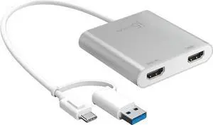 JAENFONG USB-C to Dual HDMI Multi-Monitor Adapter with USB Type-A convertor | 4K + 2K | Compatible with Windows and Mac (JCA365)