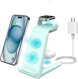 Wireless Charging Station for iPhone - 3 in 1 Charger Stand for iPhone 16 15 14 13 12 11 Pro Max XR XS 8 Plus Wireless Charging Dock for Watch 9/8/7/SE/6/5/4/3/2 /3/2 (Green)