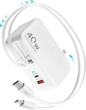 Hatalkin 4-in-1 Retractable Wall Charger Plug with Dual USB Ports and 35.5in/90cm Lightening and Type-C Cables 40W Fast Charging Foldable Block for iPhone 16/15/14/13/12/11 iPad Galaxy Pixel