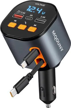 Retractable Car Charger 5 in 1 Fast Car Phone Charger 90W Bluetooth 5.3 FM Transmitter Adapter Handsfree Call 2 Retractable Cables and USB Cars Chargers for iPhone 15/14/13 (Black)