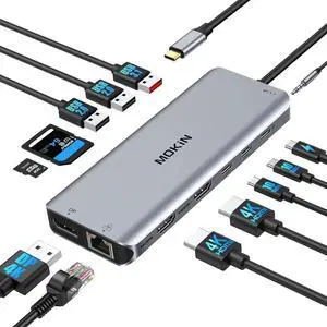 JAENFONG USB C Laptop Docking Station Dual Monitor Dual HDMI 4k DP Triple Display Hub 10G 13 in 1 USB C Hub with 3 Monitors Displayport USB3.1 RJ45 100W PD Card Reader Audio/Mic for HP
