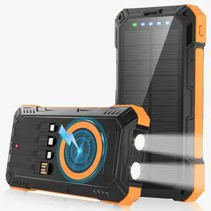 Power Bank Solar Charger 49800mAh Wireless Portable Charger with 4 Built-in Cables 22.5W Fast Charging Battery Pack USB-C in/Output PD+QC3.0 Portable Power Bank for All Cell Phones(Light Orange)