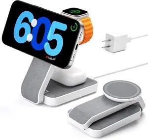 3 in 1 Foldable Wireless Travel Charging Station for MagSafe Nightstand Magnetic Charger Stand for iPhone 16 15 14 13 Pro Max Mag-Safe Charging Dock with Night Light for Watch/AirPods