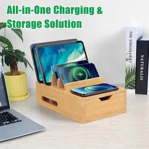 Bamboo Charging Station for Multiple Devices Desk Charging Organizer with Drawer & Tray Wood Docking Station Included 6 Cables Compatible with iPhone Devices Cell Phone Tablet (No USB Charger)