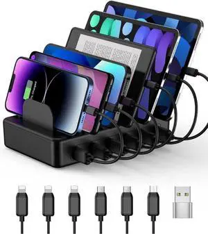 50W 6 Ports Multi Charger Station with 6 Charging Cables USB Charging Dock for Multiple Devices Compatible with Cellphone iPad Kindle Tablet and Other Electronic Devices