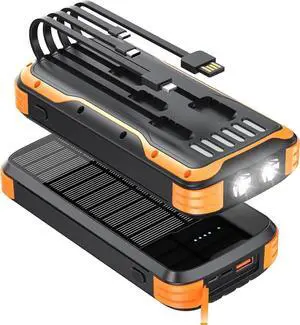 JAENFONG Solar-Power-Bank-Charger 40000mAh Portable Phone Charger Built in 4 Cables with USB C in/Output PD 20W Fast Charging Portable Charger External Battery Pack with Dual Bright Flashlights