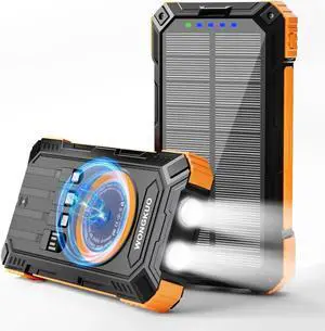 JAENFONG Solar Charger Power Bank - 49800mAh Solar Phone Charger with USB-C in/Output QC 3.0 Fast Charging with LED Flashlight Portable Power Bank Built-in 4 Cables IP65 Waterproof Fits for Outdoor