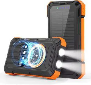 Solar Charger Power Bank 36000mAh Portable Wireless Charger with USB-C in/Output 15W Fast Charging External Battery Pack Built in 4 Cables Three Inputs Phone Portable Charger (Black-Orange 36000mAh)