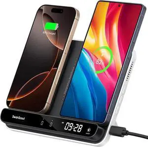 Dual Wireless Charger Stand 504 Foldable Wireless Charging Station Pad for iPhone 16/15/14 Series Galaxy S25/S24/S23 Google Pixel 9/8/7 Android Phones AirPods/Galaxy Buds