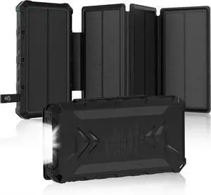Solar Charger 20000mAh Solar Power Bank with Dual 3A Outputs Fast Charging Portable Charger 4 Solar Panels External Battery Pack Waterproof and Flashlights for Phone Tablet Outdoor Camping (Black)