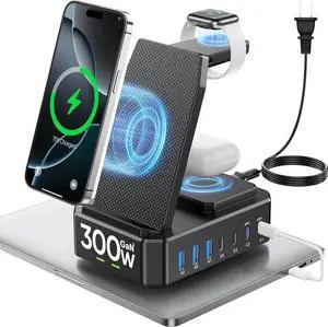 300W Charging Station for Multiple Devices 10 in 1 Wireless Charger for iPhone GaN III USB C 65W PD Fast Charging Stand Dock for MacBook iWatch&Airpods (Wireless Charging Only for )