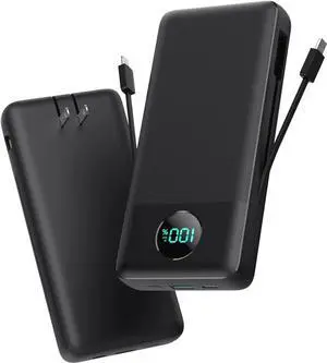 Portable Charger 33800mAh USB C Power Bank with Built-in Cables & AC Wall Plug 25W Fast Charging+QC 4.0 Phone Charger 4 Output LCD Display Battery Pack Compatible with iPhone16/15 Android etc