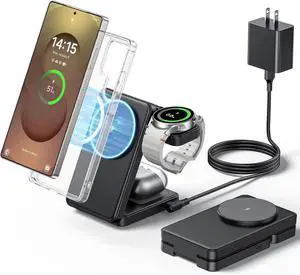 3 in 1 Magnetic Foldable Wireless Charger for Fast Mag-Safe Charging Station for Galaxy S25 S24 S23 Ultra Plus/Z Fold/Flip 7/6/5 Charger Stand for Galaxy Watch Ultra /8/7/6/5/Pro for Buds