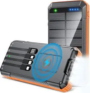 Power-Bank-Solar-Charger-Wireless Charger 33800mAh Portable Charger 20W Fast Charging External Battery for All Mobile Devices Three Inputs Solar Portable Charger with Dual Flashlights (Orange)