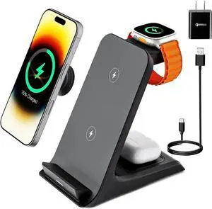 Wireless Charger for Thick Cases of 10MM/Otterbox/Popsocket Compatible 3 in 1 Charging Dock for iPhone 16 15 14 13 12 Pro Max Charging Station for Multiple Devices for Watch/AirPods