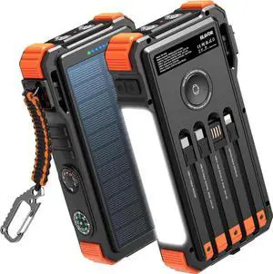 JAENFONG Solar Power Bank 20000mAh/74000mWh Built-in Cables Wireless Charger for Watch 20W Fast Charging Battery Pack with USB C Flashlight Solar Charger for iPhone iPad iWatch