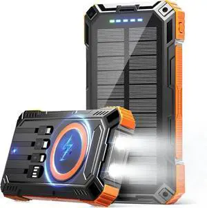 JAENFONGPower Bank 49800mAh Solar Charger Wireless Charging USB-C 5V/3.1A Fast Charging with 4 Built-in Cables LED Flashlight Battery Pack Compatible with iPhone iPad Galaxy Perfect for Camping Hiking