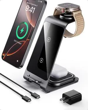 3 in 1 Wireless Charging Station for iPhone 16 15 14 13 12 11 X Pro Max Wireless Charger for Watch 10 Ultra 3 SE 9 8 7 6 5 4 3 2 for AirPods 4 Pro Pro 2 3 (Y93 Grey)
