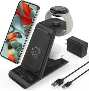 Upgraded 3 in 1 Wireless Charger Compatible with Google Pixel Watch 3/2 for Pixel 9 Pro XL/9/Fold/8/7/7A/6 Pro Pixel Buds Pro/2 Wireless Charging Station for Multiple Devices (Not for Pixel Watch 1)