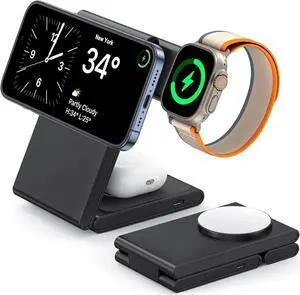 3 in 1 Wireless Charging Station for Multiple Devices Fast Foldable Travel Mag-Safe Stand for iPhone 16/15/14/13/12/Series Magnetic Charger for Watch 10/Ultra 2/AirPods 4 with 20W Adapter