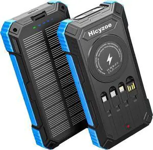 JAENFONG Solar Charger Power Bank 49800mAh Wireless Portable Phone Charger 15W QC3.0 Fast Charging External Battery Pack with 4 Built-in Cables USB-C in/Output with Dual Flashlights for Outdoor (Blue)