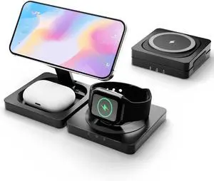Magnetic Wireless Charger for iPhone: 3 in 1 for Travel 15W Fast Charging Pad Foldable for iPhone 16e 16 15 14 13 12 Pro Max - for Watch Ultra and AirPods Series Magnet Multiple Devices (Black)