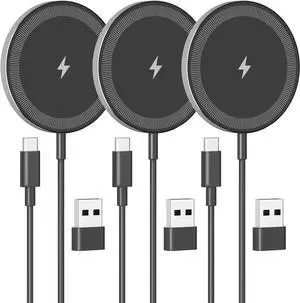 3-Pack Magnetic Wireless Charger Pad: 15W Fast Magnetic Qi Charging Pad for - iPhone 16 16e 15 14 13 12 Series - AirPods 4 3 2 Pro - Home Office Travel (Black)