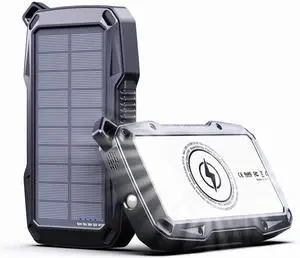 JAENFONG ABFOCE Solar Power Bank 10000mAh with 22.5W Fast Charging Sensor Alarm 15W Wireless Charger LED Flashlight Battery Pack Solar Panel Charger for iPhone 16 15 14 iPad Outdoor Camping Hiking