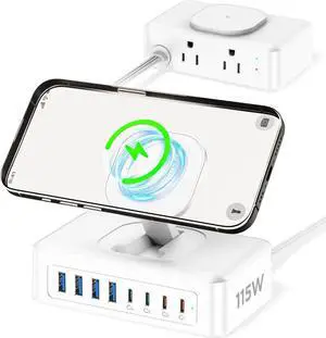 11-in-1 USB Charging Station ACOZVIN 115W USB C Charger Block with 2AC Outlets& Wireless Charger 8USB-Ports Power Strip 5ft Flat Plug PD65W Laptop Charger Compatible with MacBook iPhone 16/15/14