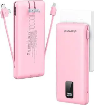 JAENFONG Charmast Portable Charger with Built-in Cables & Wall Plug 10000mAh Portable Power Bank External Battery Pack Travel Essentials Compatible with iPhone 16/15/14/13 iPad etc