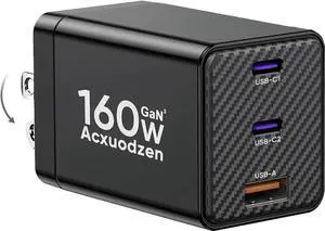 USB C Charger Block 160W 3-Port GaN Super Fast Charger Dual 65W Type C Charging Block Foldable QC3.0 Laptop Fast Charging for MacBook iPhone Galaxy iPad Android (Black 1 Pack)