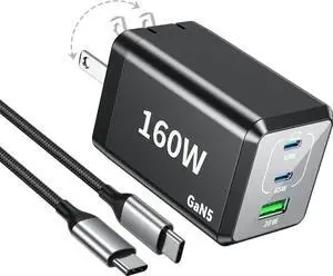 160W USB C Fast Charger Compact Foldable 3 Port Charging Station Hub Brick Block PD PPS 65W Laptop Charger for iPhone 16 16Pro Max MacBook Pro/Air/iPad Pro/Galaxy S24/Note 22/ XPS