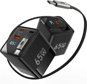 65W 3in1 GaN Charger Retractable Wall Charger Plug with Type C Cable and Dual Port Travel Portable Fast Charging Block for MacBook iPad i-Phone 16 15 Galaxy Pixel Tablet and More