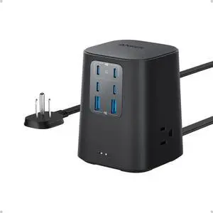 Charging Station (100W) 9-in-1 USB-C Power Strip with 300J Surge Protection for iPhone 16 & MacBook 5 ft Flat Cable and Plug 4 USB-C and 2 USB-A Ports 3 AC Outlets for Home Office