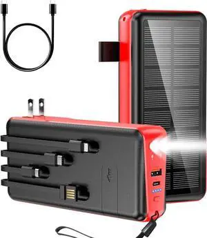 JAENFONG Portable Charger with Built in Cable and Wall Plug 50000mAh 22.5W Fast Charging Solar Power Bank with 5 Output & 2 Input Dual LED Flashlights Phone Holder External Battery Pack (Red)