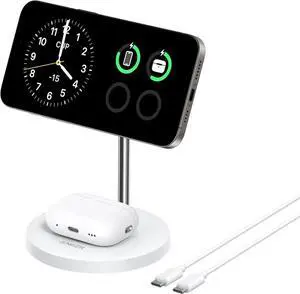 MagSafe Compatible MagGo Charger Stand iPhone 16 Wireless Charger 2-in-1 Charging Station Qi2 Certified 15W Fast Charging for iPhone 16/15/14/13/12 (White No Adapter)
