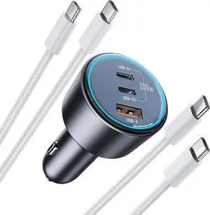 200W Super Fast Car Charger for iPhone 16/15 Pro Max 3-Port USB C Car Charger Adapter with 2×100W USB C to C Cables PD3.0/QC4.0 12V-24V Vehicle Compatible LED Light & Overheat Protection