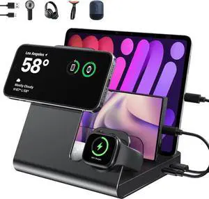5 in 1 Wireless Charging Station Magnetic Wireless Mag-Safe Fast Charger Stand for Devices Wireless Charger for iPhone 16/15/14/13/12 Pro Max Series iWatch Series & Black