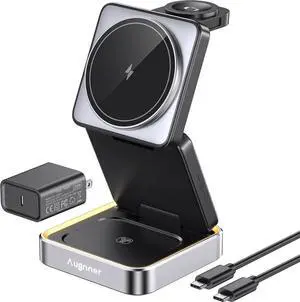 2025 UpgradedWireless Charger 3 in 1 Foldable Wireless Charging Station with Night Light for MagSafe Charger Travel Magnetic Charger Stand Nightstand Fast 15W Charging Station (20W Adapter)