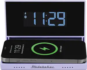 Techmate All-in-One: Portable Travel Clock Wireless & Wired Phone Charger Bluetooth Speaker and Power Bank (Lilac)