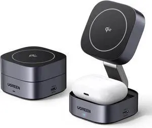 MagFlow Qi2 Magnetic Foldable Charging Station 2-in-1 Fast Wireless Charger Compatible with iPhone 16 15 14 13 12 Airpods3 2 Pro (No AC Adapter) Dark Grey