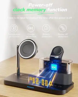 JAENFONG 5 in 1 Wireless Charging Station for Mag-Safe Charger with Alarm Clock Night Light for Multiple Devices Nightstand Charging Station for iPhone 17/16/15/14/13/12 Watch Series Air-Pods