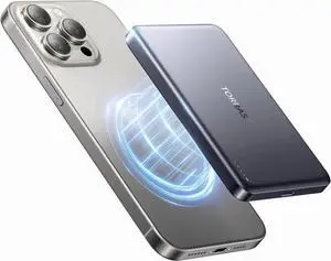MiniMag Power Bank Ultra-Slim 10 000mAh Magnetic Wireless Portable Charger 22.5W Fast Charging Battery Pack with USB-C Cable Designed for iPhone 16 Pro Max/16 Pro/16/15/14/13/12 Glacier Gray