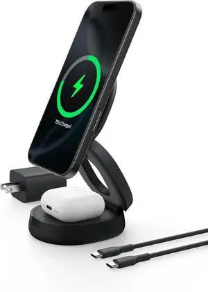 JAENFONG MagSafe Charger Compatible 2-in-1 Qi2 Wireless Charging Station 15W Convertible Wireless Charger for iPhone 16 Watch AirPods Portable Phone Stand for Travel w/ 30W Adapter - Black