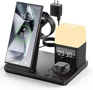 Wireless Charger for /Android Charging Station 6 in 1 Fast Watch Charger with Alarm Clock-Night Light Compatible for Galaxy S25 Ultra/S24/S23 Only for Watch7 Galaxy Buds3 Pro(Black)