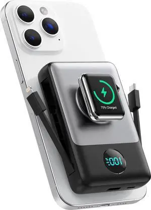 Magnetic Portable Charger 10800mAh for iPhone with Built-in Cables 6-in-1 Wireless Power Bank with iWatch Charger LCD Display 25W PD Fast Charging Battery Pack for iPhone 16/15/14/13/12 Watch