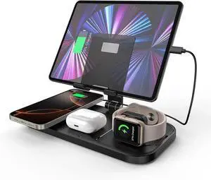 Wireless Charger 4 in 1 for Charging Station for iPhone 17 Pro Max/16/15 Series 2 iPad Stand Watch Charger for iWatch Series 10/9/8 Wireless Charging Station for Multiple Devices