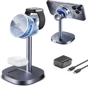 Active Cooling Qi2 Certified iPhone Charger Magnetic 3 in 1 Wireless Charging Station 15W Fast Charger Stand for 17/16/15/14/13/12 Series Watch AirPods(Adapter Included)
